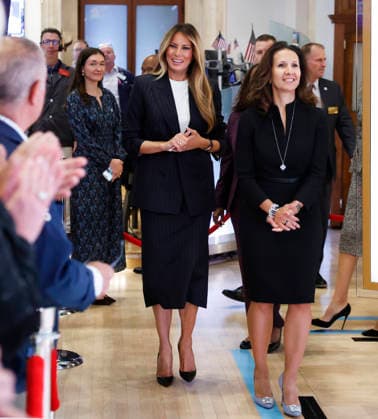 First Lady Melania Trump walks on the floor of the New York Stock Exchange with President of NYSE Group Lynn Martin before ringing The Opening Bell and headlines the inaugural IMPERIA Summit from the NYSE, a select convening focused on the global economic power of women. at the New York Stock Exchange on Wall Street on Wednesday, September 23, 2026 in New York City.  NYP20260923127 JOHNxANGELILLO