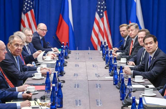 USA, NEW YORK CITY - SEPTEMBER 23, 2026: Russian Minister of International Affairs Sergei Lavrov (2nd L) and US Secretary of State Marco Rubio (R) are seen at a meeting during the 2026 High-level Week at the 81st session of the UN General Assembly. Russian Ministry of International Affairs TASS  98187612