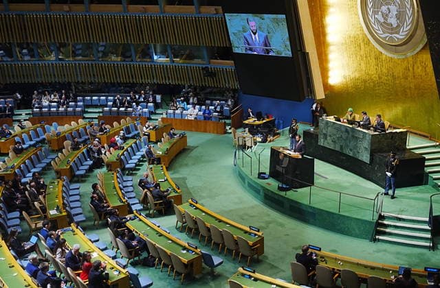 Syrian President Al Sharaa addresses the UN General Assembly NEW YORK, UNITED STATES - SEPTEMBER 23: President of Syria, Ahmed al-Sharaa, addresses the 81st session of the United Nations General Assembly (UNGA) during the high-level annual meetings on September 23, 2026, in New York City, U.S. Selcuk Acar Anadolu New York United States. Editorial use only. Please get in touch for any other usage.  Copyright: x2026xAnadoluxSelcukxAcarx