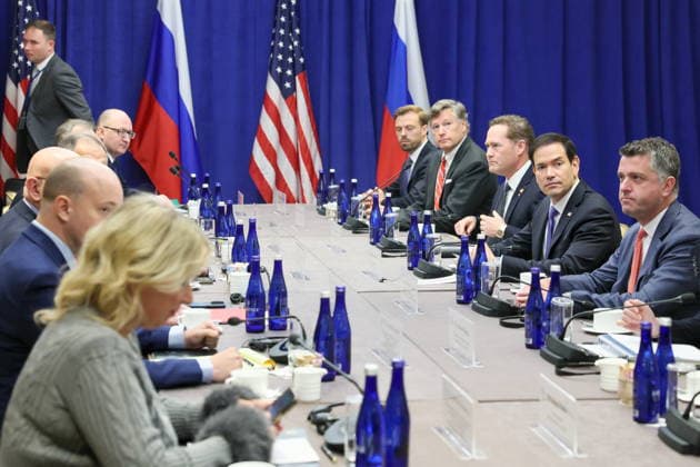 USA, NEW YORK CITY - SEPTEMBER 23, 2026: US Secretary of State Marco Rubio (2nd R) is seen at a meeting with Russian Minister of International Affairs Sergei Lavrov during the 2026 High-level Week at the 81st session of the UN General Assembly. Russian Ministry of International Affairs TASS  98186978