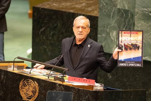September 23, 2026, New York City, USA: Iranian President Masoud Pezeshkian delivers an address during the General Debate of the 81st session of the United Nations General Assembly at the UN Headquarters in New York City. New York City USA  - ZUMAl194 20260923_zip_l194_009 Copyright: xMarekxLadzinskix