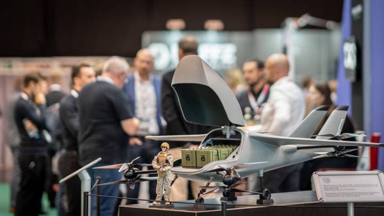 A look inside the exhibition halls and at the exhibition grounds of the Euro Defense Expo 2026 defense trade show in Essen, Germany; Essen, North Rhine-Westphalia, Germany; exhibition grounds