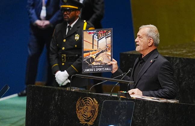 President of Iran, Pezeshkian, addresses the UN General Assembly NEW YORK, UNITED STATES - SEPTEMBER 23: President of Iran, Masoud Pezeshkian, addresses the 81st session of the United Nations General Assembly (UNGA) during the high-level annual meetings on September 23, 2026, in New York City, U.S. Selcuk Acar Anadolu New York United States. Editorial use only. Please get in touch for any other usage.  Copyright: x2026xAnadoluxSelcukxAcarx