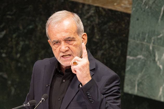 September 23, 2026, New York City, USA: Iranian President Masoud Pezeshkian delivers an emotional address on the second day of the General Debate of the 81st session of the United Nations General Assembly at the UN Headquarters in New York City. New York City USA - ZUMAl194 20260923_zip_l194_015 Copyright: xMarekxLadzinskix