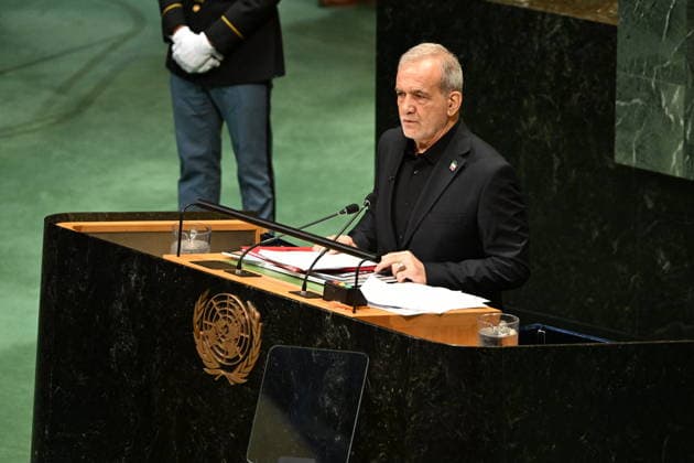 Masoud Pezeshkian Addresses the United Nations General Assembly President Masoud Pezeshkian of the Islamic Republic of Iran addresses day 2 of the opening of the 81st Session of the United Nations General Assembly at United Nations Headquarters in New York, New York, USA on Wednsday, 23 September, 2026. Photo by Kyle Mazza CNP ABACAPRESS.COM New York New York United States  Copyright: xCNP ABACAx