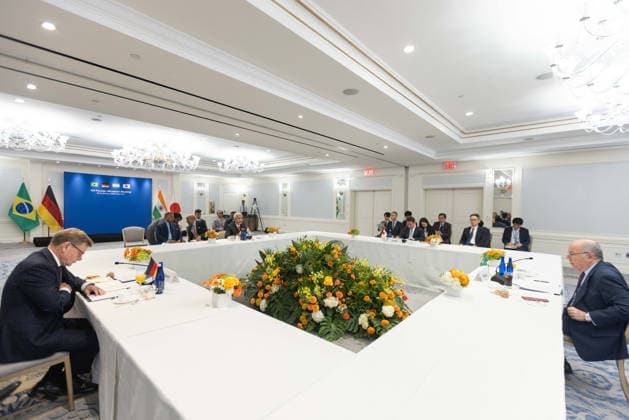 RECORD DATE NOT STATED EAM S. Jaishankar chairs the meeting with Foreign Ministers of Brazil, Germany and Japan on the sidelines of the 81st UNGA New York U.S. , Sep 23 (ANI): India s Foreign Minister S. Jaishankar chairs a meeting with Brazil s Foreign Minister Mauro Vieira, Germany s Foreign Minister Johann Wadephul and Japan s Foreign Minister Toshimitsu Motegi on the sidelines of the 81st United Nations General Assembly, in New York on Wednesday. (@DrSJaishankar X ANI Photo) New York United States Copyright: xANIx ANI_20260923023