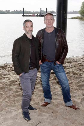 Denis Moschitto and Wotan Wilke Möhring at a photo shoot on the set of the ARD crime drama *Tatort: Schwere See* at Falkensteiner Ufer in Hamburg, September 23, 2026 Foto:xgbrcix xFuturexImagex tatort_hh_6926