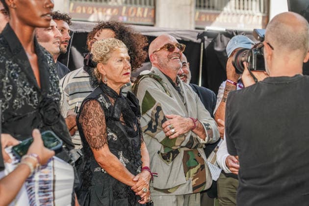 IPA88872317 - MILAN - Milan Women s Fashion Week Spring Summer 2026 2027 - Antonio Marras s fashion show at the Stendhal Gardens - Vincenzo Muccioli in the Solari Tortona area. Pictured: Antonio Marras and his wife, Patrizia Sardo.  Copyright: xEmanuelexRobertoxDexCarlix xx IPA88872317
