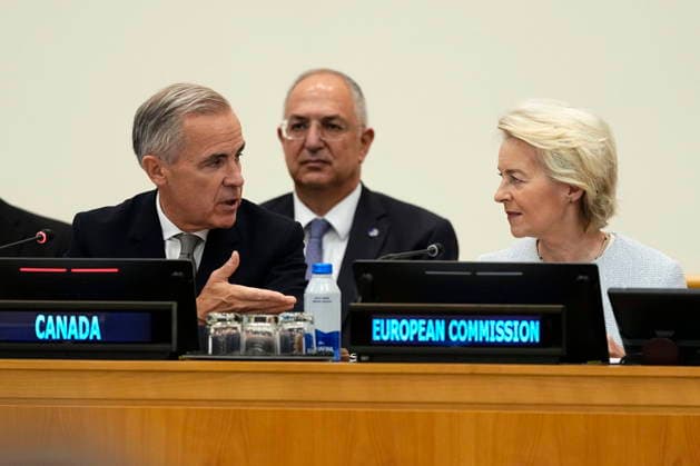 September 23, 2026, XUN: Prime Minister Mark Carney and European Commission President Ursula von der Leyen attend a high-level pledging event for the OceanEye International Alliance in support of the Global Ocean Observing System (GOOS), on the sidelines of the the United Nations General Assembly (UNGA) at the UN headquarters on Wednesday, Sept. 23, 2026. XUN  - ZUMAc35_ 20260923_zaf_c35_012 Copyright: xJustinxTangx