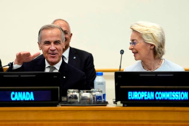 September 23, 2026, XUN: Prime Minister Mark Carney and European Commission President Ursula von der Leyen, right, attend a high-level pledging event for the OceanEye International Alliance in support of the Global Ocean Observing System (GOOS), on the sidelines of the the United Nations General Assembly (UNGA) at the UN headquarters on Wednesday, Sept. 23, 2026. XUN  - ZUMAc35_ 20260923_zaf_c35_014 Copyright: xJustinxTangx