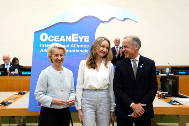 September 23, 2026, XUN: Prime Minister Mark Carney, European Commission President Ursula von der Leyen and Alexandra Cousteau, an advocate on water issues and granddaughter of Jacques-Yves Cousteau, centre, pose after a signing at a high-level pledging event for the OceanEye International Alliance in support of the Global Ocean Observing System (GOOS), on the sidelines of the the United Nations General Assembly (UNGA) at the UN headquarters on Wednesday, Sept. 23, 2026. XUN  - ZUMAc35_ 20260923_zaf_c35_018 Copyright: xJustinxTangx