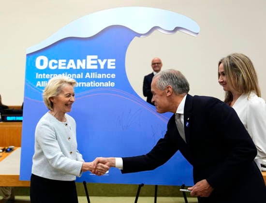 September 23, 2026, XUN: Prime Minister Mark Carney shakes hands with European Commission President Ursula von der Leyen as Alexandra Cousteau, an advocate on water issues and granddaughter of Jacques-Yves Cousteau, right, looks on, after a signing at a high-level pledging event for the OceanEye International Alliance in support of the Global Ocean Observing System (GOOS), on the sidelines of the the United Nations General Assembly (UNGA) at the UN headquarters on Wednesday, Sept. 23, 2026. XUN  - ZUMAc35_ 20260923_zaf_c35_019 Copyright: xJustinxTangx