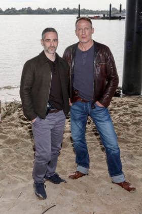ABB TATORT: Denis Moschitto and Wotan Wilke Moehring, actors on set, photo op during the filming of the new NDR Tatort episode Schwere See at Falkensteiner Ufer in Hamburg on September 23, 2026, Hamburg, Germany