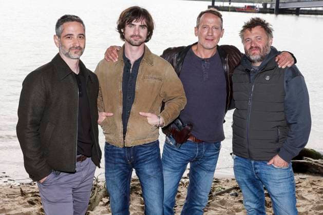 ABB TATORT Denis Moschitto, Aaron Hilmer, Wotan Wilke Moehring, and Max Zaehle, actors on set; photo op during the filming of the new NDR Tatort episode Schwere See at Falkensteiner Ufer in Hamburg on September 23, 2026, Hamburg, Germany