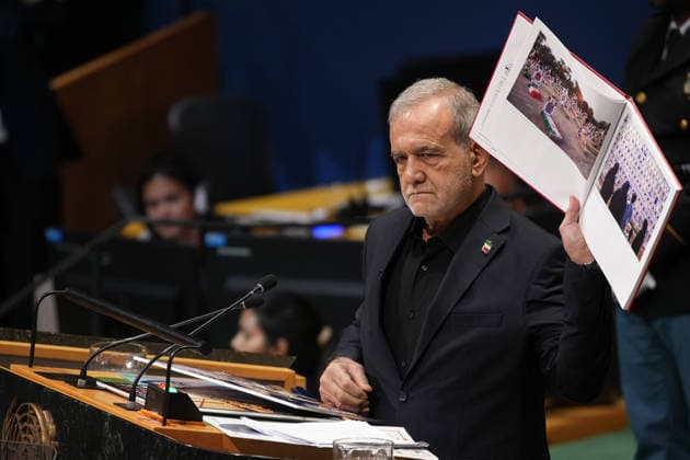 September 23, 2026, New York, New York, US: Iran s President MASOUD PEZESHKIAN speaks during the United Nations General Assembly (UNGA). The theme of the 81st session of the United Nations General Assembly is Restoring trust, managing transformation: A United Nations that delivers for all. New York USA - ZUMAs375 20260923_znp_s375_001 Copyright: xStephanixSpindelx