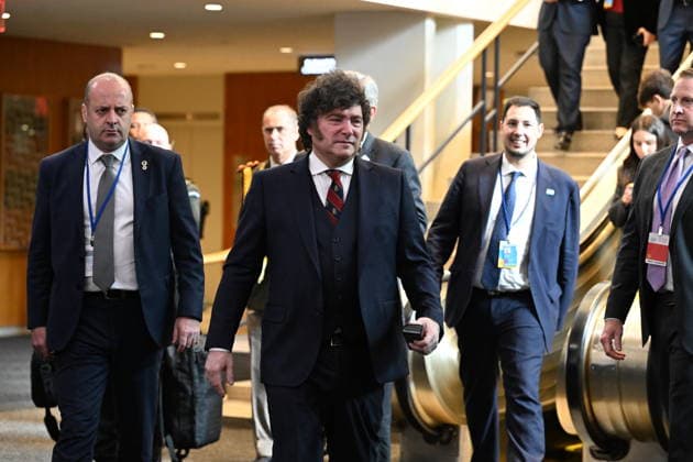 Day 2 of the Opening of the United Nations General Assembly President Javier Gerardo MILEI of the Argentine Republic arrives to meet with reporters after speaking during day 2 of the opening of the 81st Session of the United Nations General Assembly at United Nations Headquarters in New York, New York, USA on Wednesday, 23 September, 2026. Credit: Kyle Mazza Pool via CNP New York New York United States of America EDITORIAL USE ONLY Copyright: xx KMZ_2285 KylexMazzax-xPoolxviaxCNPx cnpphotos341055