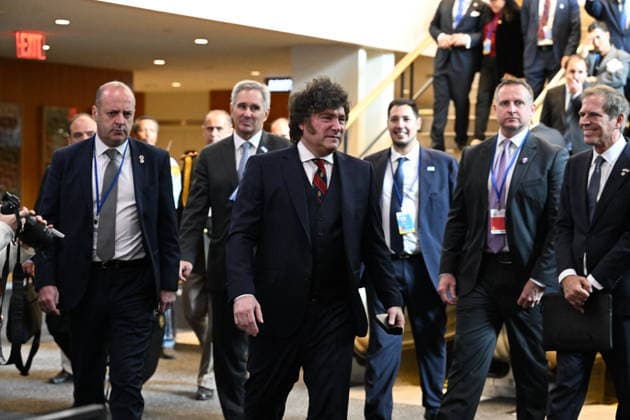 Day 2 of the Opening of the United Nations General Assembly President Javier Gerardo MILEI of the Argentine Republic arrives to meet with reporters after speaking during day 2 of the opening of the 81st Session of the United Nations General Assembly at United Nations Headquarters in New York, New York, USA on Wednesday, 23 September, 2026. Photo by Kyle Mazza Pool via CNP ABACAPRESS.COM New York New York United States  Copyright: xCNP ABACAx