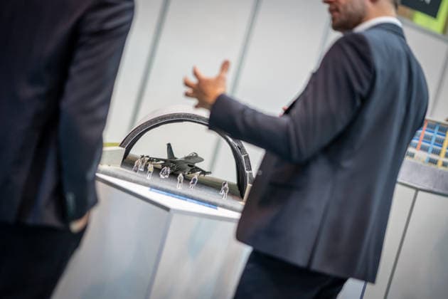 View of the exhibition halls and the fairgrounds; model of a so-called shelter ; aircraft hangar for fighter jets; Euro Defense Expo 2026 defense trade show in Essen, Germany; Essen, North Rhine-Westphalia, Germany; fairgrounds