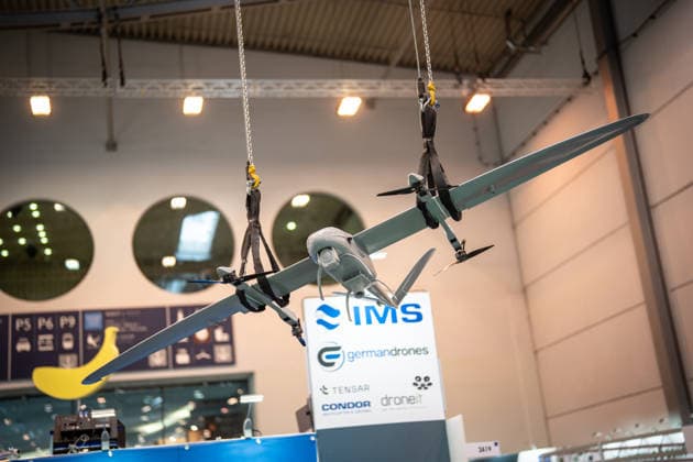 View of the exhibition halls and the fairgrounds: a Songbird ISR drone from Germandrones at the Euro Defense Expo 2026 defense trade show in Essen, Germany; Essen, North Rhine-Westphalia, Germany; fairgrounds