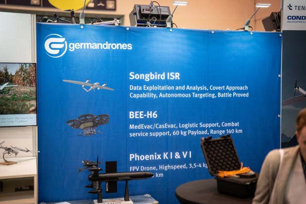 View of the exhibition halls and the fairgrounds: a Songbird ISR drone from Germandrones at the Euro Defense Expo 2026 defense trade show in Essen, Germany; Essen, North Rhine-Westphalia, Germany; fairgrounds