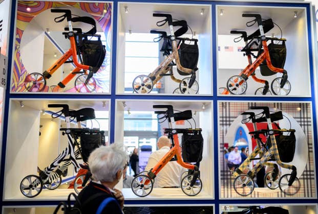 Feature: A visitor looks at walkers at REHACARE, the trade fair for rehabilitation and care, September 23–26, 2026, in Düsseldorf, Germany