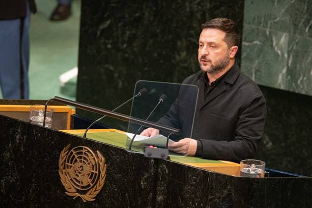 September 23, 2026, New York City, USA: Ukrainian President Volodymyr Zelenskyy addresses world leaders during the General Debate of the 81st session of the United Nations General Assembly at the UN Headquarters in New York City. New York City USA  - ZUMAl194 20260923_zip_l194_043 Copyright: xMarekxLadzinskix