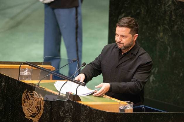 September 23, 2026, New York City, USA: Ukrainian President Volodymyr Zelenskyy addresses the General Debate on the second day of the 81st session of the United Nations General Assembly at the UN Headquarters in New York City. New York City USA  - ZUMAl194 20260923_zip_l194_045 Copyright: xMarekxLadzinskix