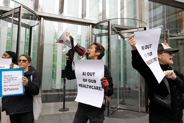 September 23, 2026, New York, New York, USA: ACT UP NY leads a coalition of organizations blockading the entrance to 1 WTC and later blocking traffic on the West Side Highway demonstrating under the banner AI OUT OF OUR HEALTHCARE! PALANTIR OUT OF MOUNT SINAI! as the Newsweek AI Health Summit is held inside the building and a keynote speaker is Dr. Brendan Carr, (not pictured) CEO of Mount Sinai. Approximately 20 protesters are arrested by NYPD. Part of the MONEY FOR AIDS and HEALTHCARE! NOT FOR ICE and WARFARE! ACT UP (AIDS Coalition To Unleash Power) campaign, demonstrators denounce Mount Sinai s contract with Palantir, a surveillance, data analytics and military tech company. New York USA  - ZUMAr174 20260923_znp_r174_003 Copyright: xGinaxMxRandazzox