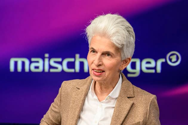 Pictured, from left: Marie Agnes Strack Zimmermann (FDP), Chair of the EU Defense Committee, GER, Berlin, in the studio as a guest on *Maischberger*, a political talk show, TV program, with host Sandra Maischberger, Das Erste, from Adlershof, Studio 20, September 23, 2026, Copyright: HMBxMedia UwexKoch