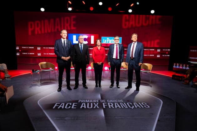 First Debate of the French Socialist Party Primary - Paris EB Raphael Glucksmann, Emmanuel Maurel, Segolene Royal, Olivier Faure and Jerome Guedj during the First Debate of the French Socialist Party Primary at TF1 in Paris on November, 2026. Photo by Eliot Blondet ABACAPRESS.COM Paris France France  Copyright: xBlondetxEliot ABACAx