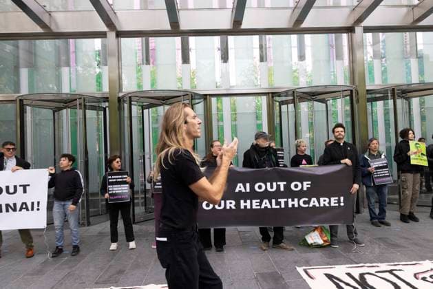 September 23, 2026, New York, New York, USA: ACT UP NY leads a coalition of organizations blockading the entrance to 1 WTC and later blocking traffic on the West Side Highway demonstrating under the banner AI OUT OF OUR HEALTHCARE! PALANTIR OUT OF MOUNT SINAI! as the Newsweek AI Health Summit is held inside the building and a keynote speaker is Dr. Brendan Carr, (not pictured) CEO of Mount Sinai. Approximately 20 protesters are arrested by NYPD. Part of the MONEY FOR AIDS and HEALTHCARE! NOT FOR ICE and WARFARE! ACT UP (AIDS Coalition To Unleash Power) campaign, demonstrators denounce Mount Sinai s contract with Palantir, a surveillance, data analytics and military tech company. New York USA  - ZUMAr174 20260923_znp_r174_012 Copyright: xGinaxMxRandazzox