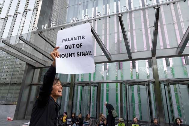 September 23, 2026, New York, New York, USA: ACT UP NY leads a coalition of organizations blockading the entrance to 1 WTC and later blocking traffic on the West Side Highway demonstrating under the banner AI OUT OF OUR HEALTHCARE! PALANTIR OUT OF MOUNT SINAI! as the Newsweek AI Health Summit is held inside the building and a keynote speaker is Dr. Brendan Carr, (not pictured) CEO of Mount Sinai. Approximately 20 protesters are arrested by NYPD. Part of the MONEY FOR AIDS and HEALTHCARE! NOT FOR ICE and WARFARE! ACT UP (AIDS Coalition To Unleash Power) campaign, demonstrators denounce Mount Sinai s contract with Palantir, a surveillance, data analytics and military tech company. New York USA  - ZUMAr174 20260923_znp_r174_033 Copyright: xGinaxMxRandazzox