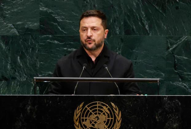 President of Ukraine Volodymyr Zelensky speaks at the UN General Assembly 81st session General Debate in UN General Assembly Hall at the United Nations Headquarters on Wednesday, September 23, 2026 in New York City.  NYP202609232032 JOHNxANGELILLO