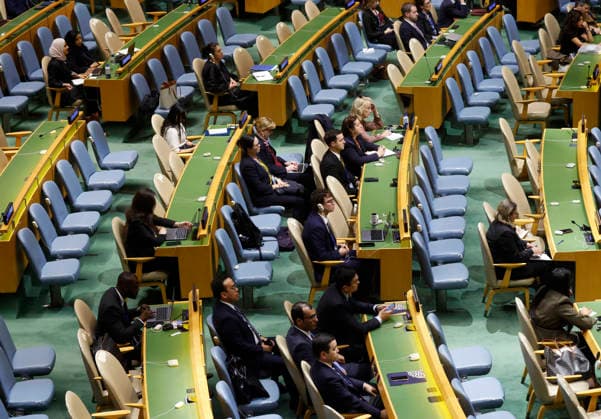 Attendees sit as President of Ukraine Volodymyr Zelensky speaks at the UN General Assembly 81st session General Debate in UN General Assembly Hall at the United Nations Headquarters on Wednesday, September 23, 2026 in New York City.  NYP202609232033 JOHNxANGELILLO