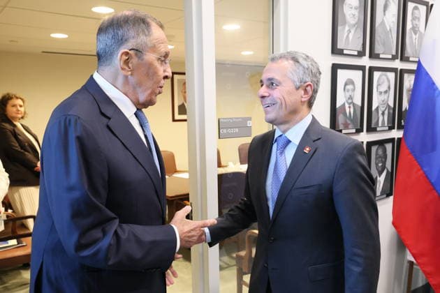 USA, NEW YORK CITY - SEPTEMBER 23, 2026: Sergei Lavrov (L), Russia s Foreign Minister, and his counterpart Ignazio Cassis of Switzerland shake hands during a meeeting on the sidelines of the 2026 High-level Week during the 81st session of the UN General Assembly. Alexander Shcherbak TASS  98211524