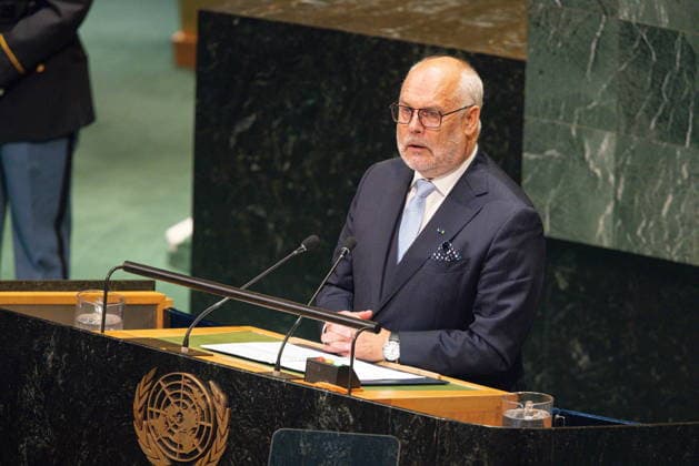 September 23, 2026, New York City, USA: Estonian President Alar Karis delivers EstoniaÃ¢â‚¬â ¢s address on the second day of the General Debate of the 81st session of the United Nations General Assembly at the UN Headquarters in New York City. New York City USA - ZUMAatio 20260923_zip_l194_032 Copyright: xMarekxLadzinskix