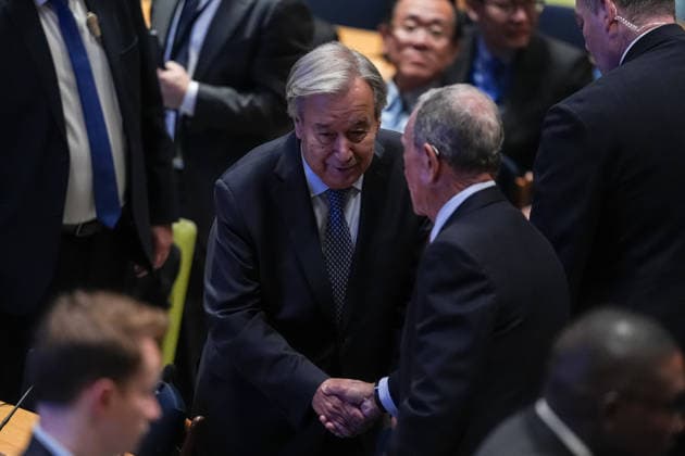UN Climate Summit 2026 held at headquarters in New York NEW YORK, UNITED STATES - SEPTEMBER 23: UN Secretary-General António Guterres and UN Secretary-General s Special Envoy for Climate Ambition and Solutions Michael R. Bloomberg shake hands during the UN Secretary-General s climate event at the United Nations headquarters in New York, United States, on September 23, 2026. Mehmet Eser Anadolu New York United States. Editorial use only. Please get in touch for any other usage.  Copyright: x2026xAnadoluxMehmetxEserx