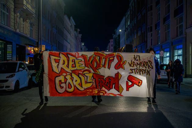 September 23, 2026, Berlin, Berlin, Germany: A small crowd of protestors gathered at Kottbuser Tor and marched until Goerlitzer Park protesting against the use of AI cameras in the areas..Since beginning of September Berlin city government has installed and is under operation a system of AI cameras monitoring the areas of high criminality with a lot of questions open regarding who is able to have access and process the data being collected. Berlin Germany - ZUMAk201 20260923_zip_k201_007 Copyright: xNikosxKanistrasx