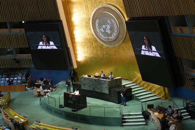 Venezuela s acting president, Delcy Rodríguez, speaks during the 81st United Nations General Assembly in New York, United States, 23 September 2026. Rodríguez hailed the historic oil agreement with the United States, signed on August 28, as one of the greatest ever signed. Delcy Rodríguez Speaks at the 81st United Nations General Assembly !ACHTUNG: NUR REDAKTIONELLE NUTZUNG!  Copyright: xÁngelxColmenaresx AME076 20260924-55021486644_1