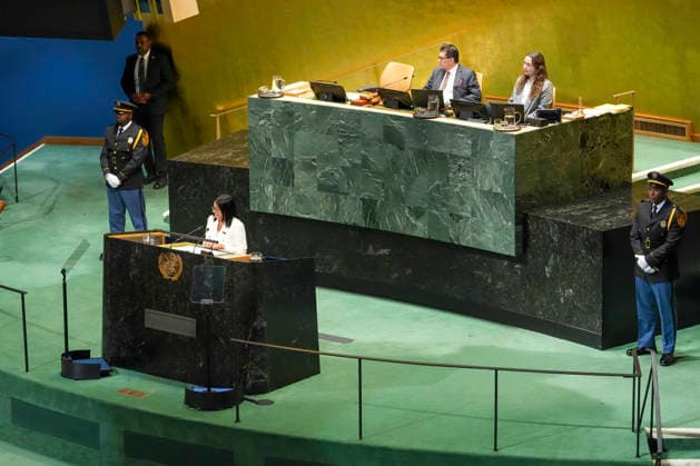 Venezuela s acting president, Delcy Rodríguez, speaks during the 81st United Nations General Assembly, where she defended her country s historic rights to the Essequibo region—which is in dispute with Guyana—and called on the Guyanese government to return to the negotiating table to resolve the long-standing dispute, in New York, United States, 23 September 2026. Delcy Rodríguez Calls on Guyana to Return to the Negotiating Table Over the Territorial Dispute !ACHTUNG: NUR REDAKTIONELLE NUTZUNG!  Copyright: xÁngelxColmenaresx AME083 20260924-55021486645_1