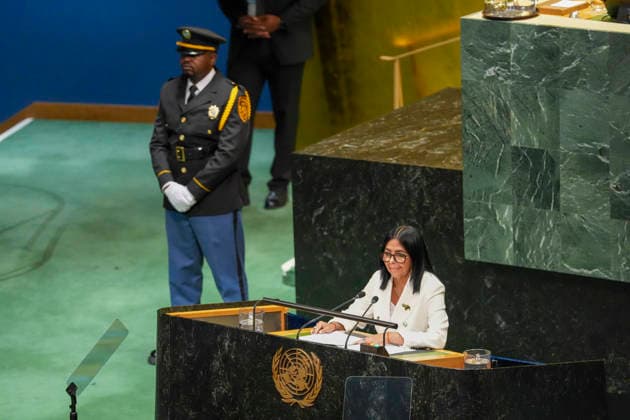Venezuela s acting president, Delcy Rodríguez, speaks during the 81st United Nations General Assembly in New York, United States, 23 September 2026. During her address to the United Nations General Assembly, Rodríguez said that elections would be held in her country under conditions of equality for all and praised the political dialogue initiated with a sector of the opposition to move forward in that direction. Delcy Rodríguez Says at the UN That There Will Be Elections in Venezuela !ACHTUNG: NUR REDAKTIONELLE NUTZUNG!  Copyright: xÁngelxColmenaresx AME082 20260924-55021486649_1