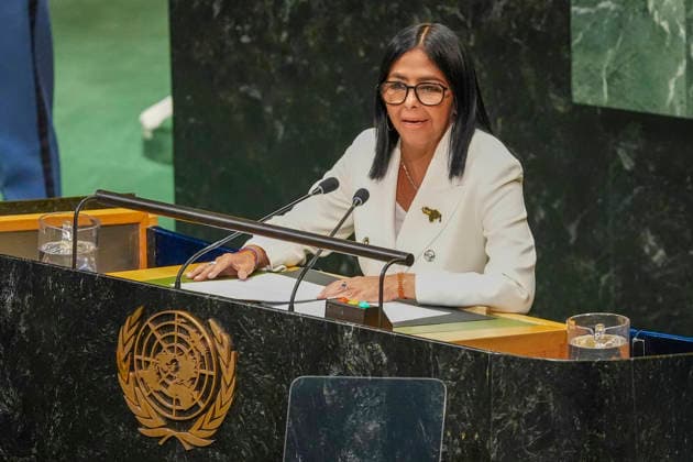 Venezuela s acting president, Delcy Rodríguez, speaks during the 81st United Nations General Assembly in New York, United States, 23 September 2026. During her address to the United Nations General Assembly, Rodríguez said that elections would be held in her country under conditions of equality for all and praised the political dialogue initiated with a sector of the opposition to move forward in that direction. Delcy Rodríguez Says at the UN That There Will Be Elections in Venezuela !ACHTUNG: NUR REDAKTIONELLE NUTZUNG!  Copyright: xÁngelxColmenaresx AME078 20260924-55021486691_1