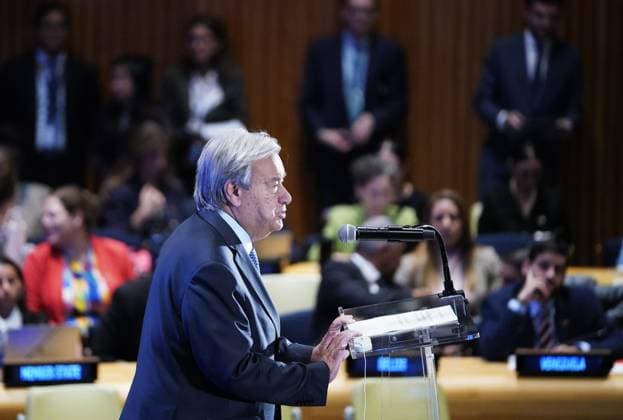 (260924) -- UNITED NATIONS, Sept. 24, 2026 -- UN Secretary-General Antonio Guterres delivers a speech at a UN high-level event on Climate Action and the Just Transition at the UN headquarters in New York, on Sept. 23, 2026. Guterres on Wednesday urged efforts to increase financial support and strengthen cooperation in global climate action. ) UN-HIGH-LEVEL EVENT-CLIMATE ACTION-JUST TRANSITION WuxXiaoling 