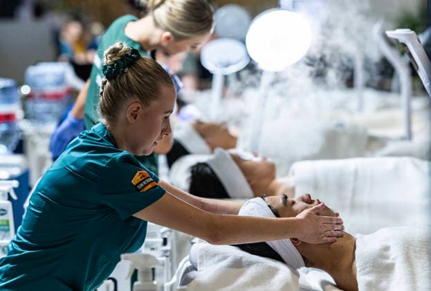 SHANGHAI, CHINA - SEPTEMBER 23: Contestants compete in the beauty therapy event during the first day of the 48th WorldSkills Competition on September 23, 2026 in Shanghai, China. The competition features participants from various countries and regions showcasing their skills across multiple trades.  Copyright: xChinaxNewsxServicex 111668957351