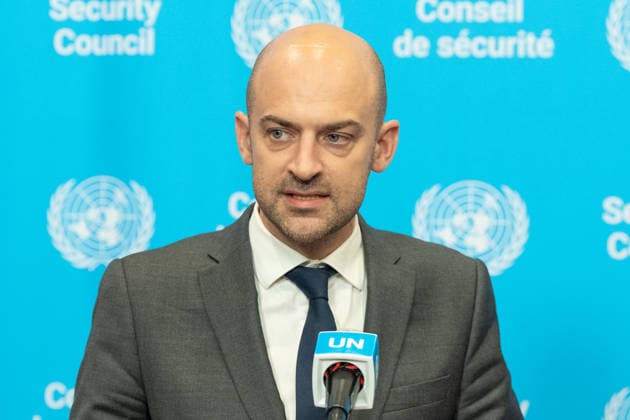 Press Encounter by Jean-Noel Barrot, Minister of Foreign Affairs of France Jean-Noel Barrot, Minister for Europe and Foreign Affairs, French Republic speaks to the press on Artificial Intelligence at Security Council stakeout at UN Headquarters. New York New York United States Copyright: LevxRadin