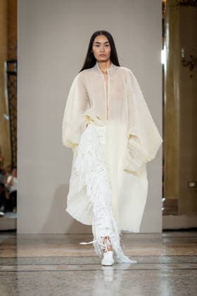 KEQIAO fashion show during the Milan Fashion Week - Womenswear Spring Summer 2027 in Milan, Italy, on 23 September 2026. A model walks the runway at KEQIAO fashion show during the Milan Fashion Week - Womenswear Spring Summer 2027 in Milan, Italy, on 23 September 2026., Credit:Stefano Costantino TTL Stefano Costantino Avalon Italy, Milan  Copyright: xStefanoxCostantinoxTTLx xStefanoxCostantinox xAvalonx 1137646370