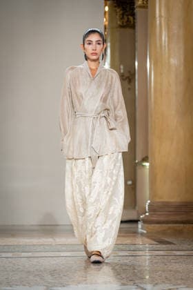 KEQIAO fashion show during the Milan Fashion Week - Womenswear Spring Summer 2027 in Milan, Italy, on 23 September 2026. A model walks the runway at KEQIAO fashion show during the Milan Fashion Week - Womenswear Spring Summer 2027 in Milan, Italy, on 23 September 2026., Credit:Stefano Costantino TTL Stefano Costantino Avalon Italy, Milan  Copyright: xStefanoxCostantinoxTTLx xStefanoxCostantinox xAvalonx 1137646561