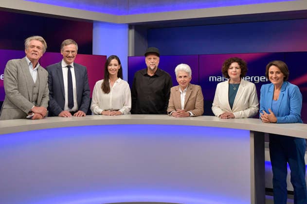 Hajo Schumacher, Daniel Friedrich Sturm, Pinar Atalay, Smudo, Marie Agnes Strack Zimmermann, Amira Mohamed Ali, and Sandra Maischberger on the ARD talk show *maischberger* at the Berlin Adlershof studio, Berlin, September 23, 2026 Foto:xM.xBehrensx xFuturexImagex maischberger2309_6901
