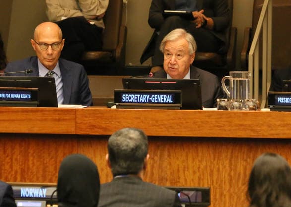 (260924) -- UNITED NATIONS, Sept. 24, 2026 -- United Nations Secretary-General Antonio Guterres (C) speaks during a high-level meeting to commemorate the 40th anniversary of the Declaration on the Right to Development held on the sidelines of the 81st Session of the UN General Assembly at the UN headquarters in New York, Sept. 23, 2026. ) UN-HIGH-LEVEL MEETING-DECLARATION ON THE RIGHT TO DEVELOPMENT-40TH ANNIVERSARY ZhangxFengguo 