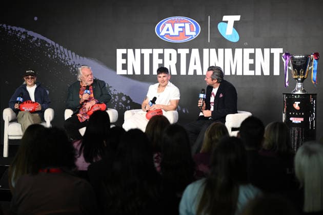 AFL GRAND FINAL KYLIE MINOGUE, (L-R) G Flip, Mike Brady and Michael Paynter during an announcement for AFL Grand Final entertainment at a media event at the Melbourne Cricket Ground in Melbourne, Thursday, September 24, 2026. ( NO ARCHIVING MELBOURNE VICTORIA Australia  Copyright: xJOELxCARRETTx 1083701296st
